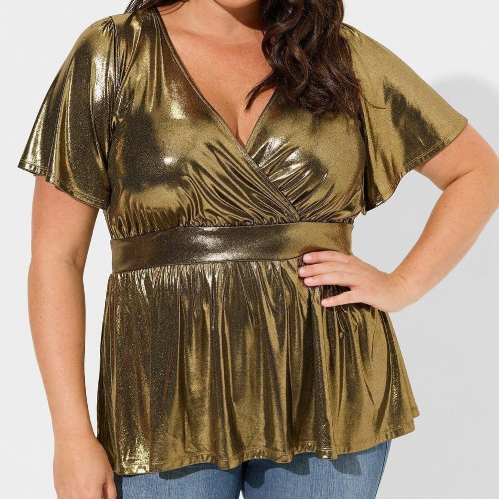 Torrid Gold Liquid Shine Surplice Peplum Top (NWT) - size 2 (18-20)
